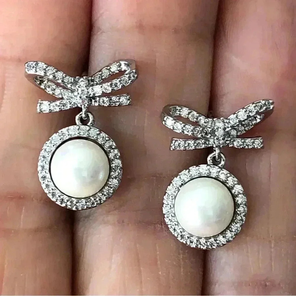 Crystal Bow & Halo Around Faux Pearl Drop Stud Formal Earrings NWT